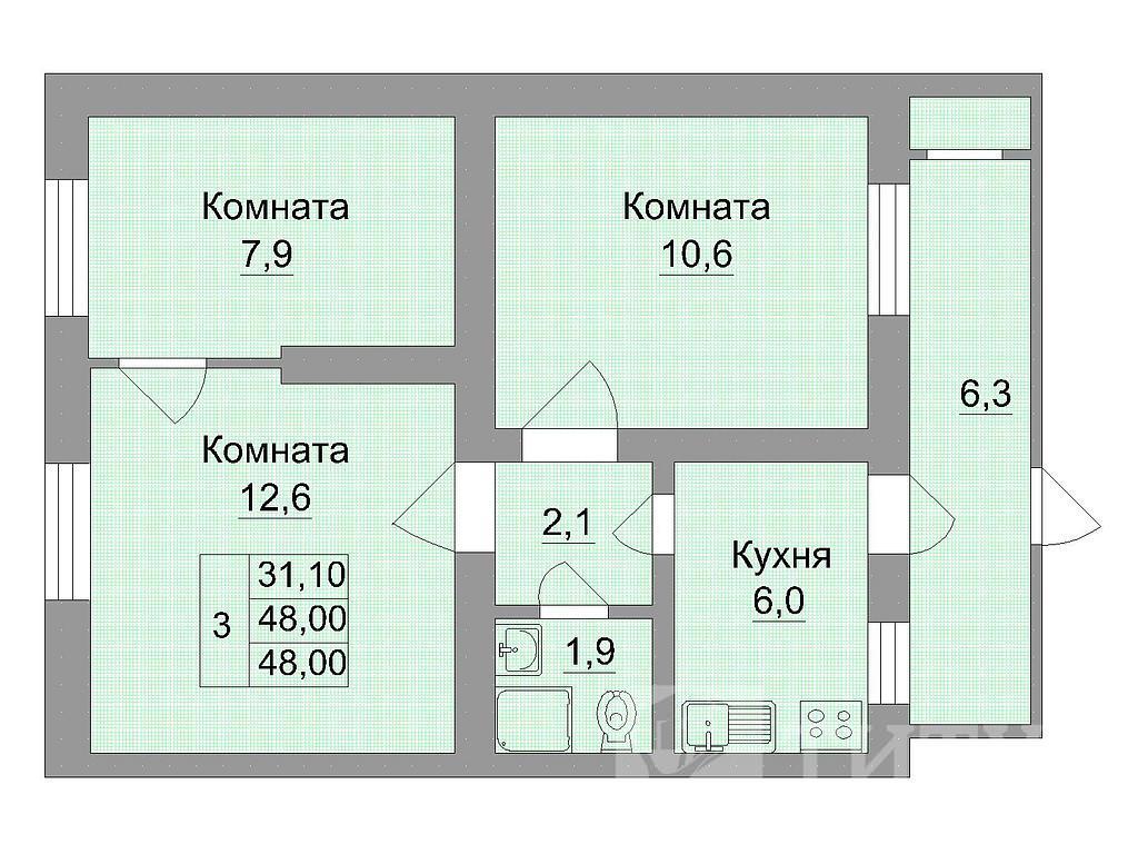 трехкомнатная квартираЧкаловский, район Казахская Фото 54