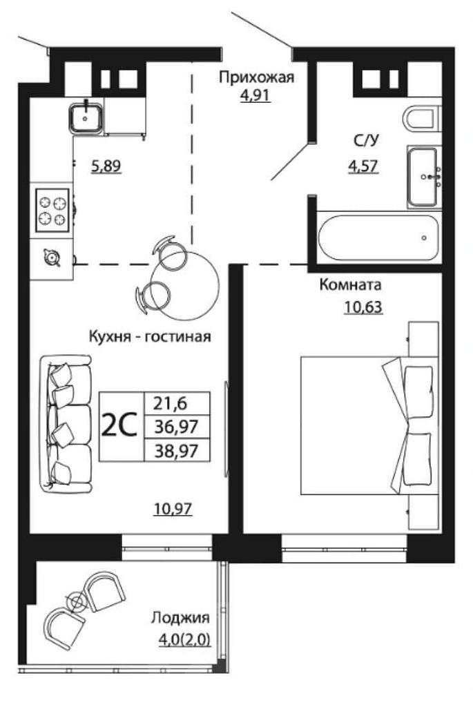 однокомнатная квартира, район  Фото 6