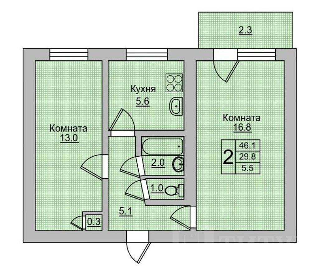 двухкомнатная квартира, район  Фото 16