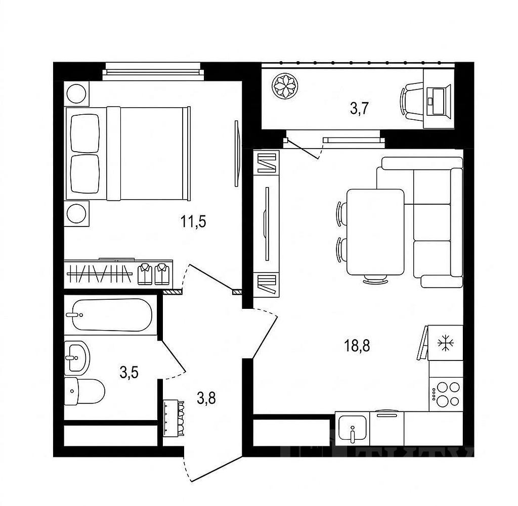 однокомнатная квартира, район  Фото 13