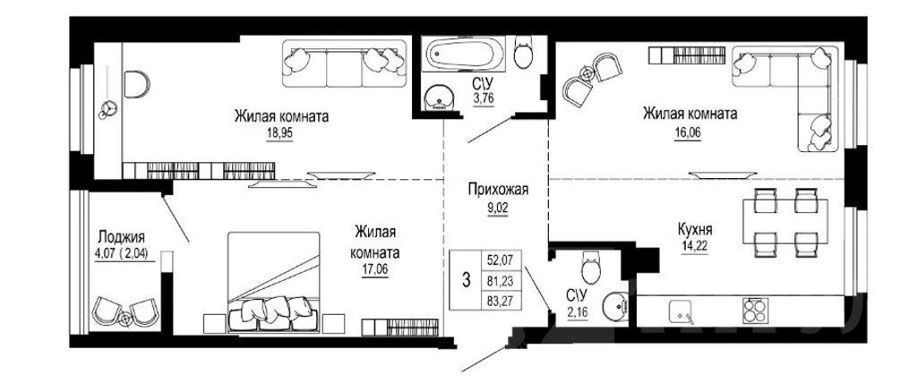 трехкомнатная квартира, район  Фото 24